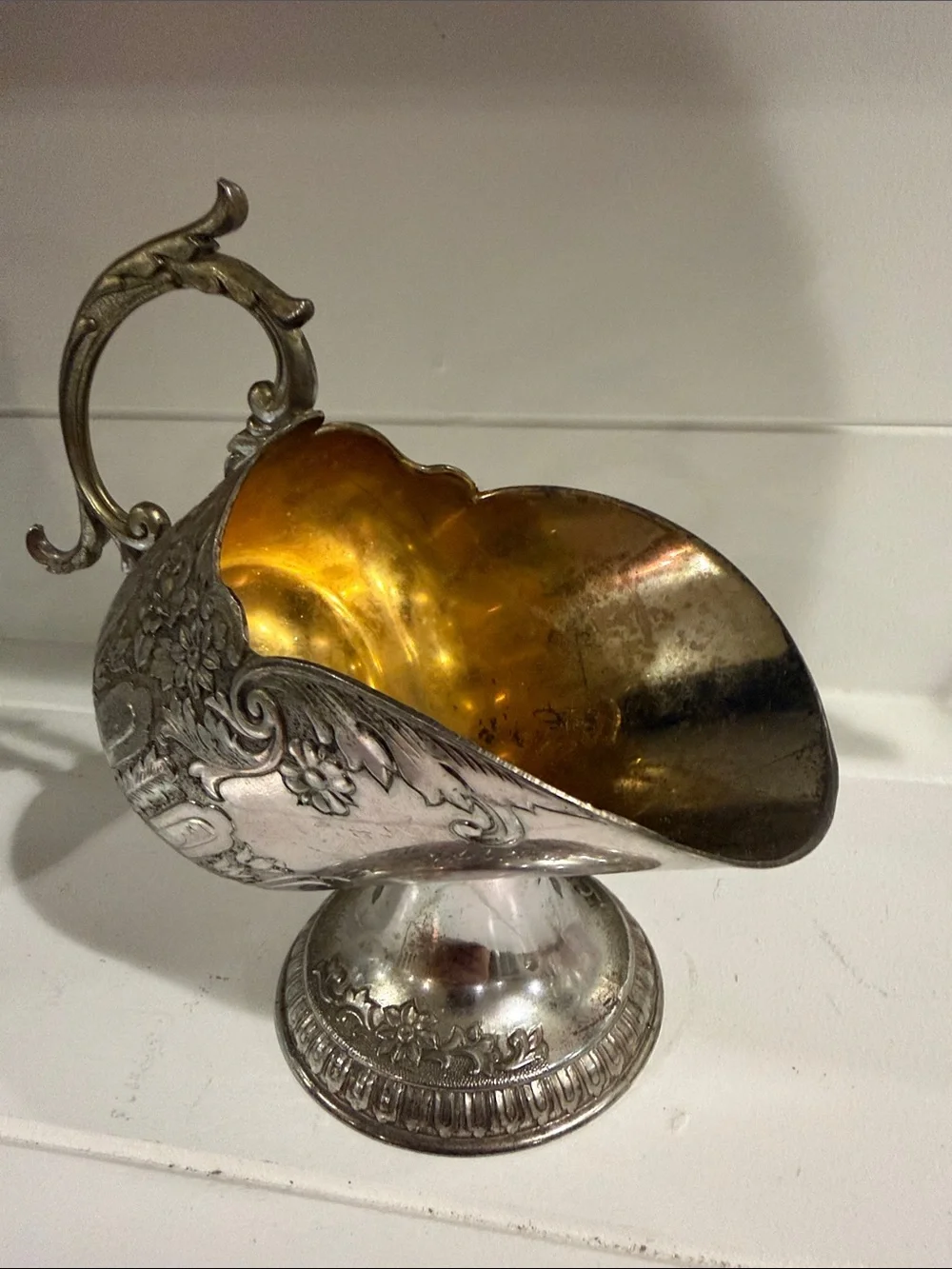 Vintage Silver-Plated Sugar Scuttle Boat with Gold-Tone Interior